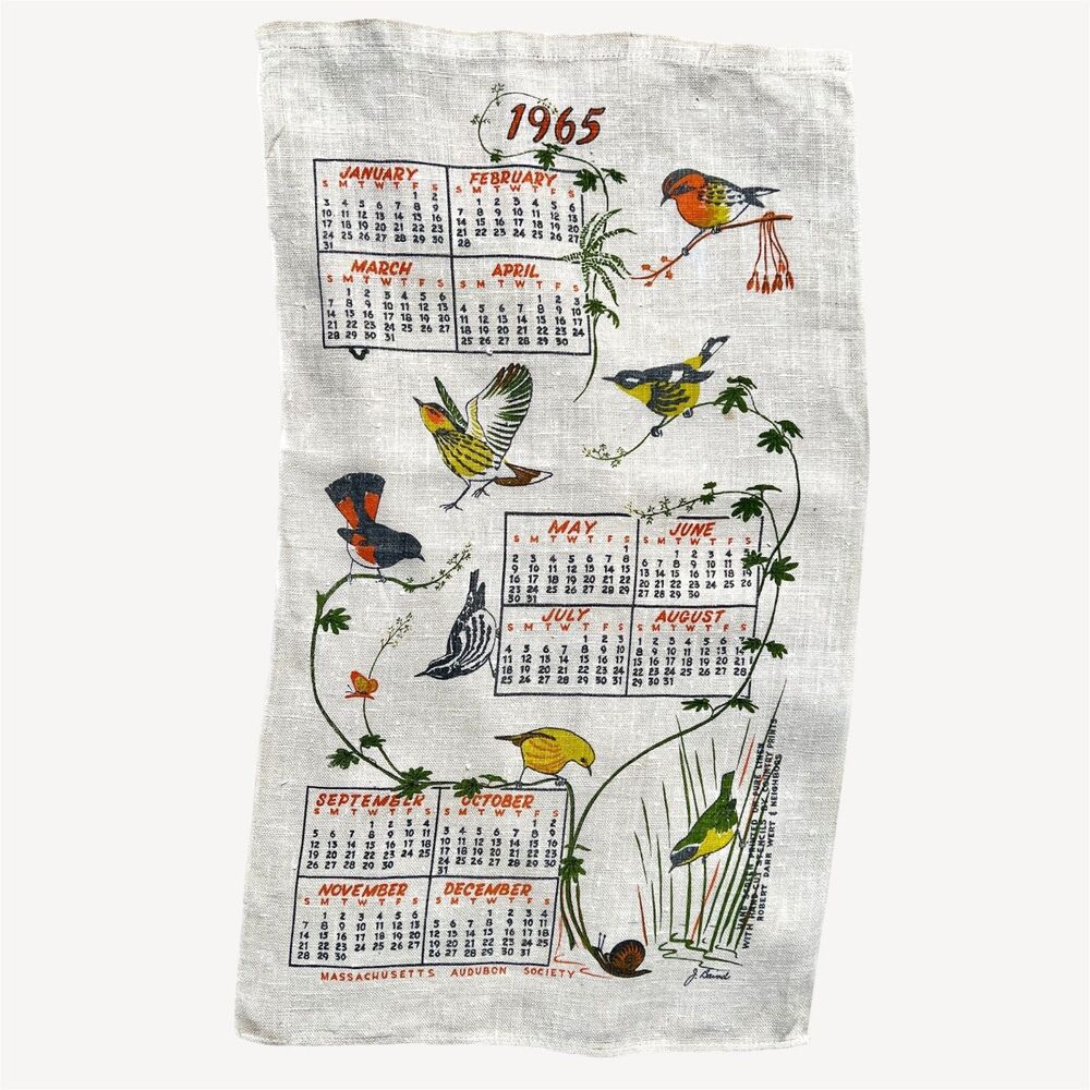 VTG 1965 Linen Tea Towel Calendar Mass Audubon Society Birds, Retro, MCM